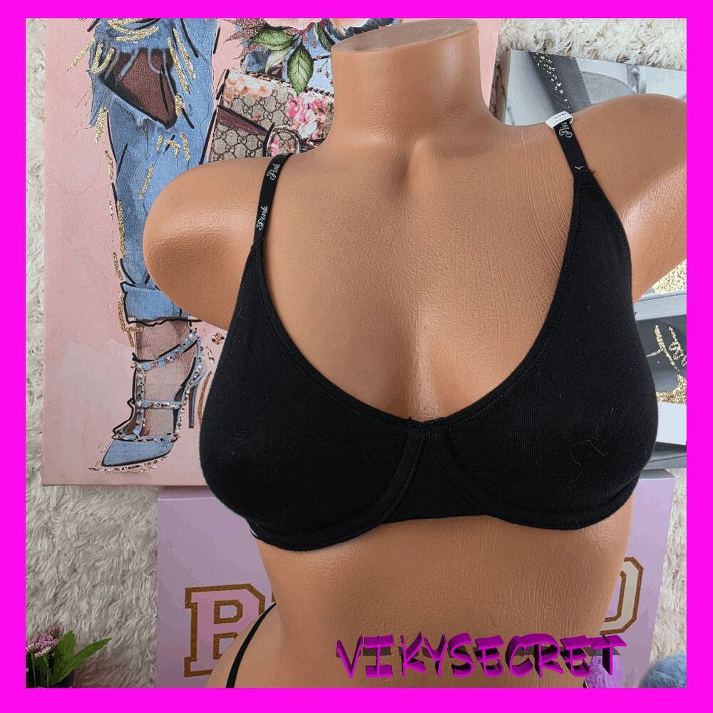 ❤️ NWT Victoria's Secret PINK Black Logo Strap Unlined Bra 34C #7381 ❤️